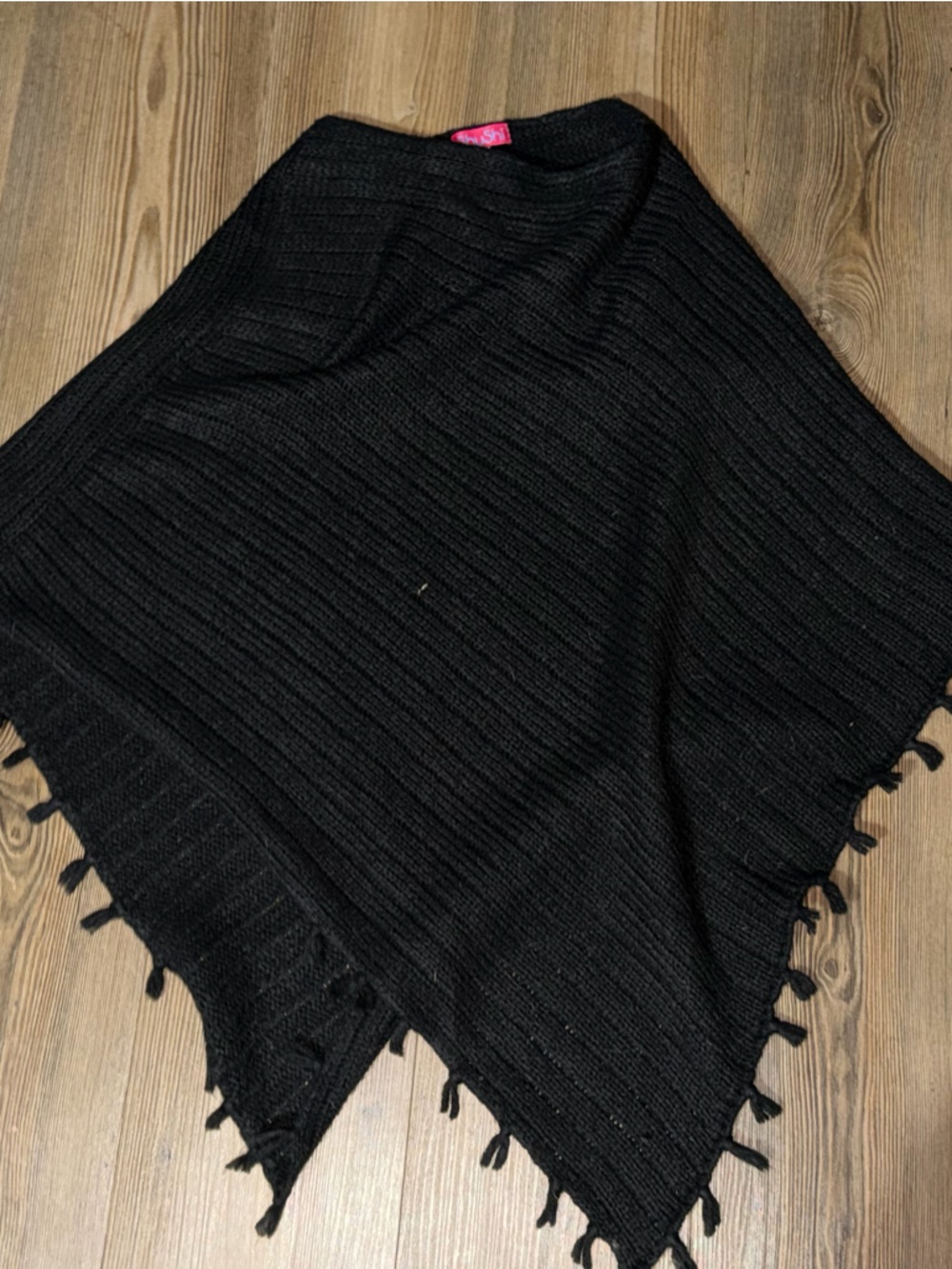 Black Knit Poncho with Tassel Trim